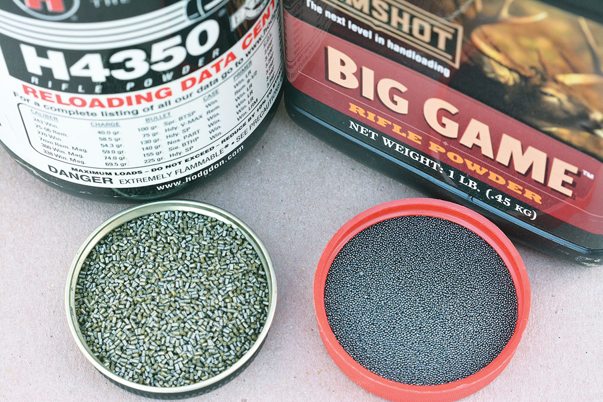 Both extruded powders and spherical powders are popular for handloading the 30-06, including H-4350 and Ramshot Big Game.